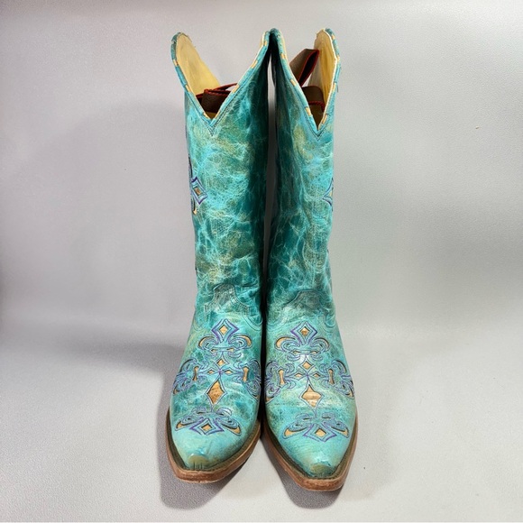 CORRAL Turquoise Fleur-de-lis Leather Cutout Design Western Boots - Picture 6 of 16